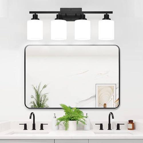 Matte Black 4-Light Bathroom Vanity Light with Milk Glass Shades - Over Mirror Fixture