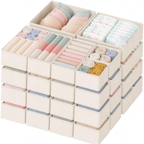 Criusia Drawer Organizer Clothes Set - Beige 24 Pack, Foldable Closet Dividers for Baby & Bedroom Storage