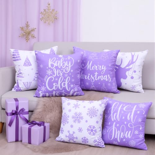 VitalCozy Lilac Purple Christmas Snowflake Throw Pillow Covers 6-Pack