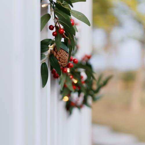 Willow Leaf 6ft Pre-lit Christmas Garland with Lights, 4 Pack with Red Berries & Pine Cones (Indoor/Outdoor) - tiuire