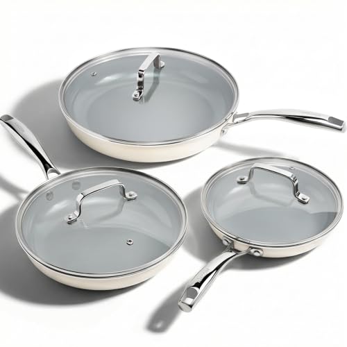 Kikcoin Ceramic Nonstick Frying Pans with Lids, 3 Pieces (8"+9.5"+11")