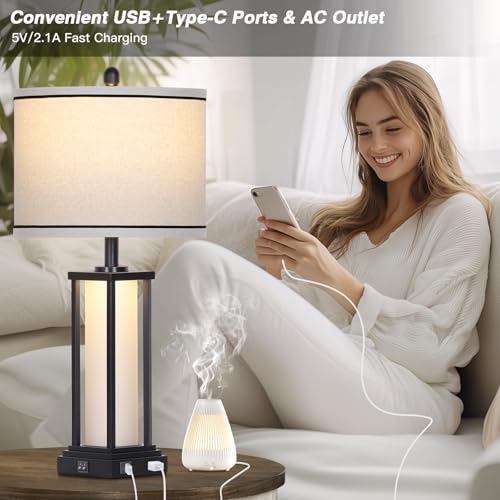 27-Inch Vintage Farmhouse Table Lamp with USB-C+A Outlets, Nightlight - Black-1P