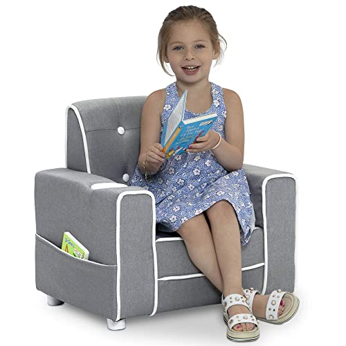 Kids Upholstered Chair with Cup Holder - Grey, for Ages 3+ | Childrens Bedroom & Playroom Seating