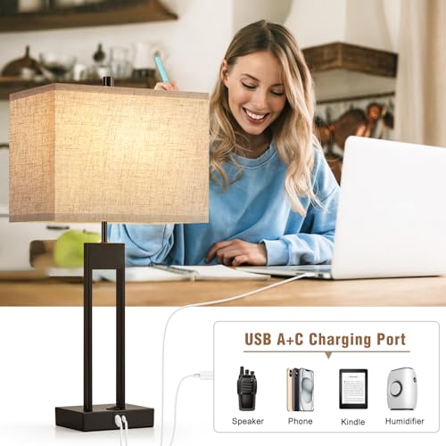 Nightstand Table Lamps Set of 2 - Black Modern Bedside Lamps with USB C+A, Color Change, Dimmable, Includes Bulbs