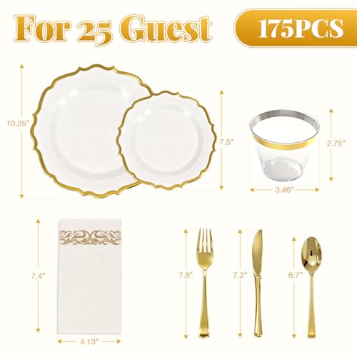 Gold Disposable Plastic Dinnerware Set for 25 Guests - 175 Pieces