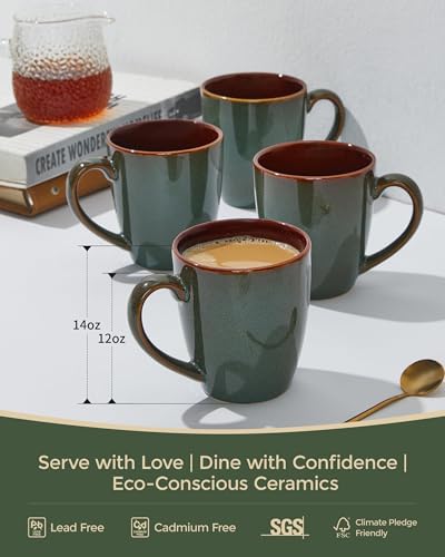 Pokini 14oz Coffee Mug Set of 4 - Artisan Glazed Ceramic Cups for Latte Tea Cappuccino, Brown Green