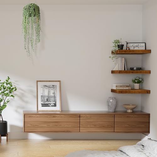 QEEIG 10-Inch Deep Floating Wall Shelves Set of 3 in Brown – Under TV, Fireplace, or Entryway Storage