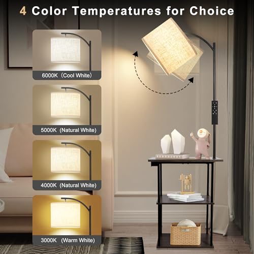 PESRAE Rustic Brown Floor Lamp with Table & Remote Control - 3-Tier Side Table with Charging Station