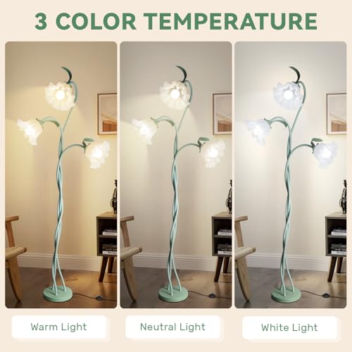 Loxphyn Green Flower Floor Lamp with 3 Adjustable Heads & 3 Color Temp, Modern LED Reading Light