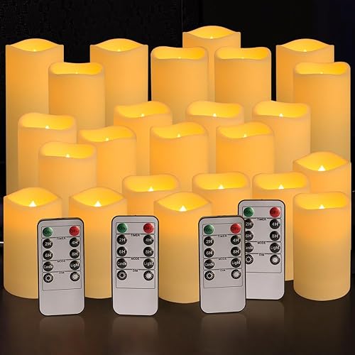 Outdoor Flameless Candles Set of 24 with Remote - Ivory, Water-Resistant, 3 Sizes