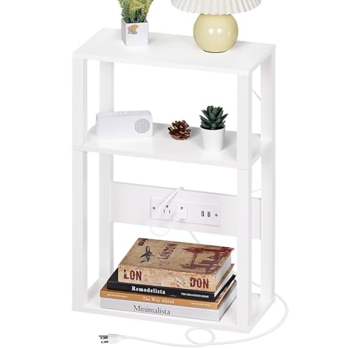 YUFAM White 3-Tier Narrow Bedside Table with Charging Station - Small Nightstand