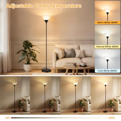 Black Floor Lamp with Remote & Dimmable LED Bulb - Modern Torchiere Standing Light