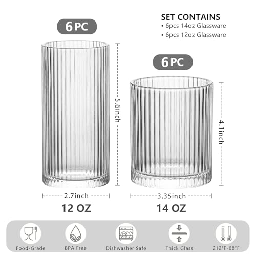12-Piece Ribbed Glassware Set - Highball & Rocks Glasses for Cocktails & Drinks