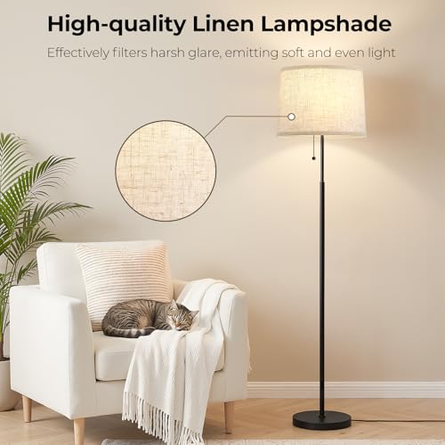 Tall Floor Lamp with Linen T-Shades & Black Pole - Modern 60-Inch Standing Light with 3 CCT Modes