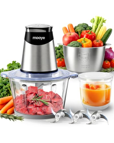 Mooye Silver Food Processor with 3 Bowls & Powerful Copper Motor, Includes Meat & Vegetable Choppers