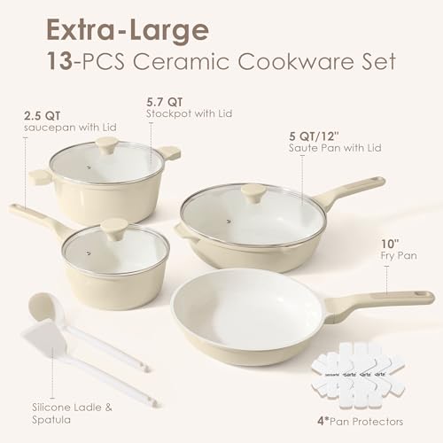 SENSARTE Antique White Nonstick Ceramic Cookware Set, 13 Pcs Kitchen Pots & Pans