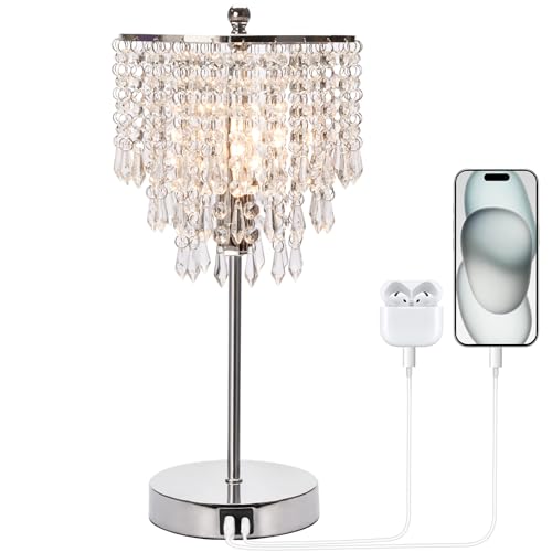 Seaside Village Silver Touch Control Crystal Table Lamp with USB C+A Ports, 3-Way Dimmable Nightstand Lamp, Includes B11 LED Bulb