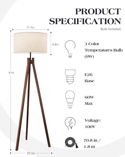 ELYONA Brown Wooden Tripod Floor Lamp with 3 Color Temperatures - Modern Reading & Night Light