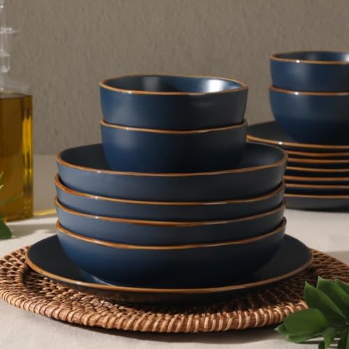 Navy Blue 16-Piece Stoneware Dinnerware Set with Plates & Bowls - Service for 4