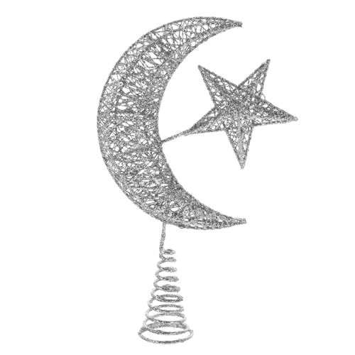 Angoily Glitter Star and Moon Christmas Tree Topper - Silver, 30cm