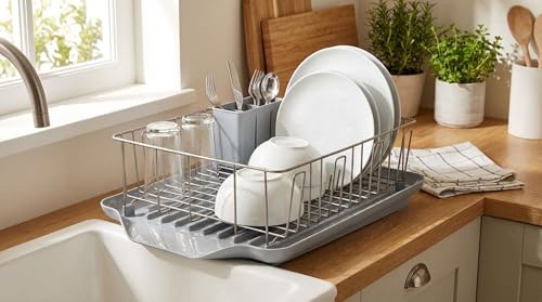 3-Piece Dish Drying Rack Set with Rust-Resistant Wire Basket and Removable Draining Board