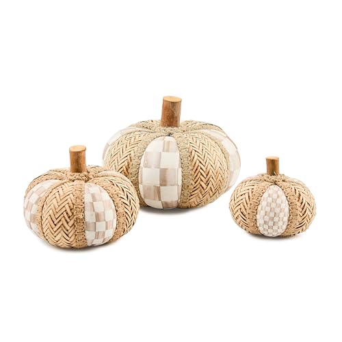 MacKenzie-Childs Rattan Pumpkin Set with Mocha Check, Fall Decor, Handmade Autumn Gift