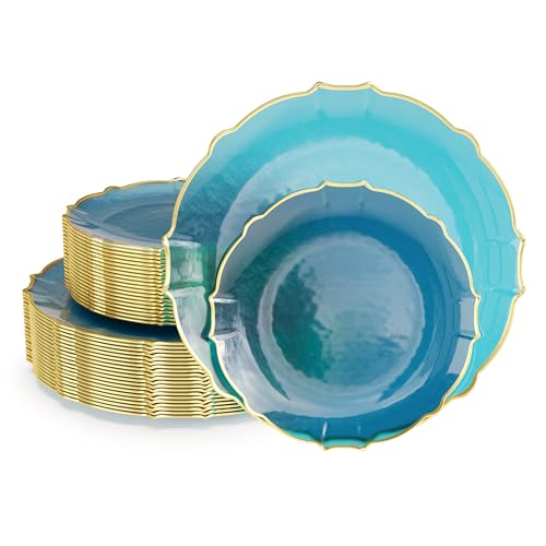 Exquisite Disposable Plastic Plates for Party 80 Piece Fancy Plastic Plates Disposable Plates 40 X 7.5 Dessert Plates disposable & 40 X 10 Thin Delicate Plastic Disposable Plates Black Smoke Gold Rim