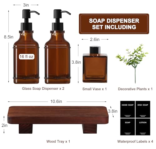 Amber Glass Soap Dispenser Set with Wooden Tray - Modern Kitchen & Bathroom Decor - Variation: Amber