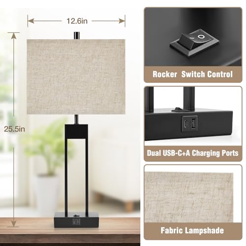 Nightstand Table Lamps Set of 2 - Black Modern Bedside Lamps with USB C+A, Color Change, Dimmable, Includes Bulbs