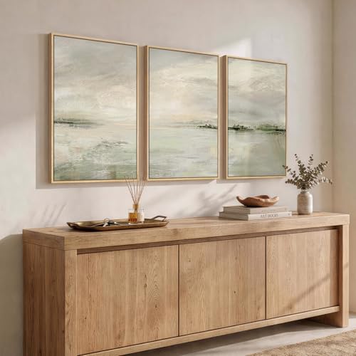 Sage Green Abstract Landscape Wall Art Set - 3 Pieces 16x24 Inches with Wood Frames - Modern Bedroom Decor (Variation: Warm Green / 16" W x 24" H x 3pcs)