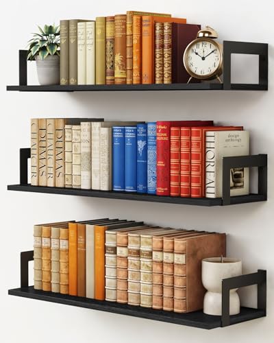 Black Wall Shelves Set of 3 - 24 x 8 Inch Floating Shelves for Bedroom & Living Room - Variation: 24 x 8 Inch / Black