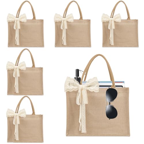Large 6 Pack Burlap Tote Bag Set with Ribbon - Reusable Water-Resistant Grocery Bags
