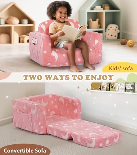 Pink Moon Kids 2-in-1 Glow-in-The-Dark Toddler Couch with Blanket & Cloud Pillow