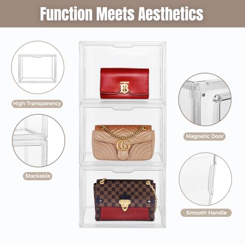 9 Pack Acrylic Purse Storage Organizer for Closet - Stackable, Clear Display Case, Magnetic Door, 14.2 x 8.7 x 10.6 Inches - Cutora