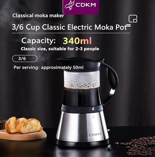 Electric Moka Coffee Maker 3/6 Cup with Glass Top, Stainless Steel Body