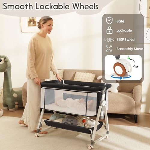 KOLOIO 3-in-1 Baby Bedside Bassinet with Storage Basket - Black
