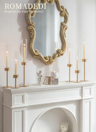 Romadedi Set of 6 Gold Glass Hurricane Candle Holders - Elegant Taper Candle Stands