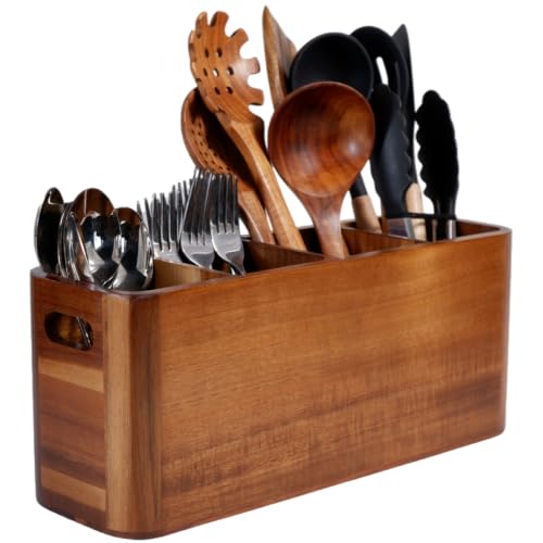 Acacia Wooden Kitchen Utensil Holder Organizer - Large 4-Compartment Rustic Countertop Storage - Extra Large