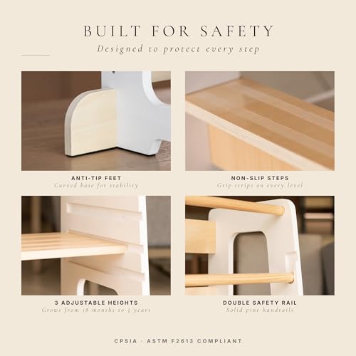 White Wooden Toddler Kitchen Helper Tower with 3 Heights - Safe & Adjustable