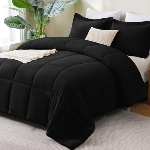 CozyLux Queen Comforter Set Black 3-Piece Box-Stitched Microfiber Bedding