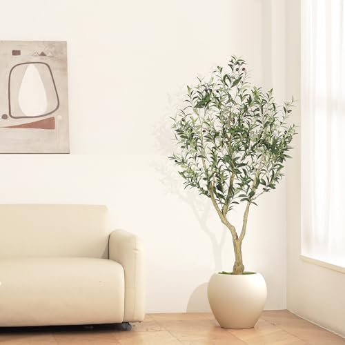 LYERSE 5ft Artificial Olive Tree in Black Pot with Large Branches & Fruits – Realistic Home Decor