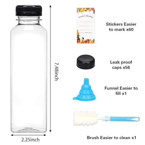 Moretoes 16oz Juice Bottles Pack of 56 with Caps, Labels, Funnel & Brush
