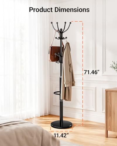 Heavy Duty Metal Coat Rack with Marble Base & 16 Hooks - Freestanding Umbrella Stand