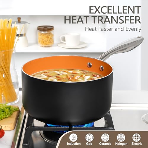 4 Quart Nonstick Saucepan with Lid - Ceramic Coating, Induction Compatible