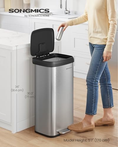 SONGMICS 18-Gallon Stainless Steel Kitchen Trash Can with Stay-Open Lid, Step Pedal & Odor Filter - Silver & Black ULTB520E68