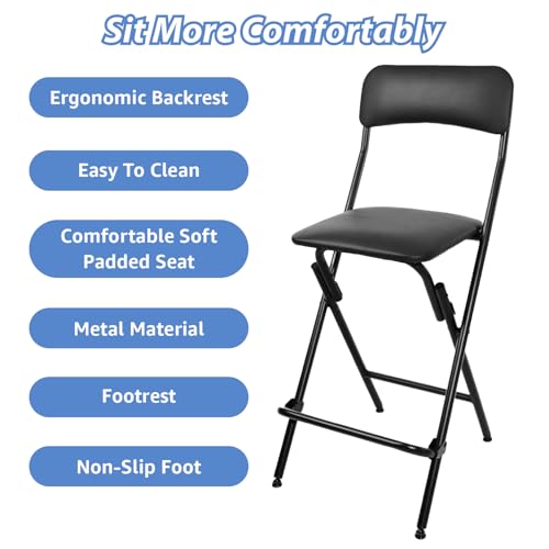 Veni Home 2-Pack Folding Bar Stools with Backrest, 25 Inch Leather Padded Counter Height Chairs, Black