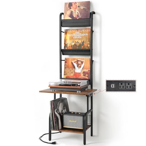 Tewinko Record Player Stand with Power Outlet & Vinyl Storage - Black & Brown