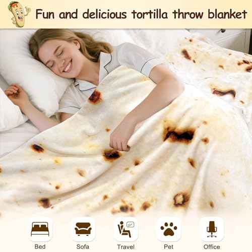Mermaker Burrito Tortilla Taco Blanket 71 inches for Adult Kids, Realistic Tortilla Throw Blanket Funny Gifts for Women Men Teen Boy Girl, Soft Flannel Food Blanket for Christmas Birthday Gifts-Yellow