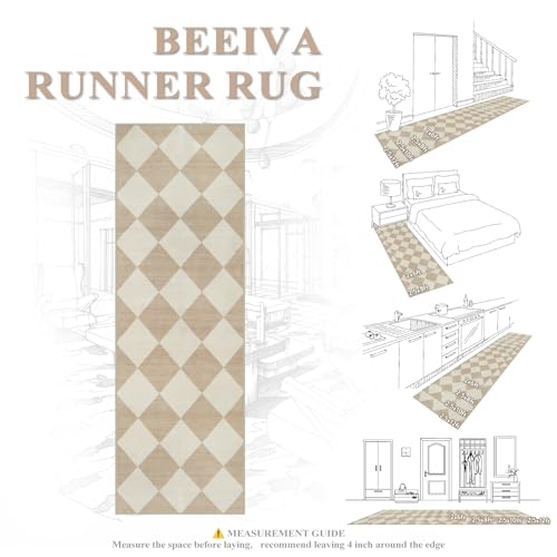 Beeiva 2.5x12 ft Beige Checkered Hallway Runner Rug - Washable Faux Wool, Non-Slip Diamond Pattern Carpet
