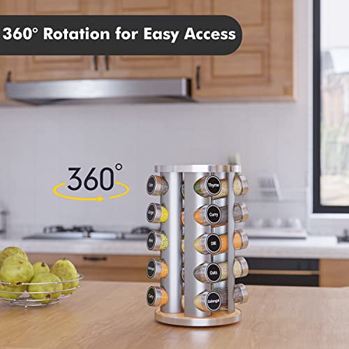 Revolving Spice Rack Set with 20 Jars, Kitchen Tower Organizer for